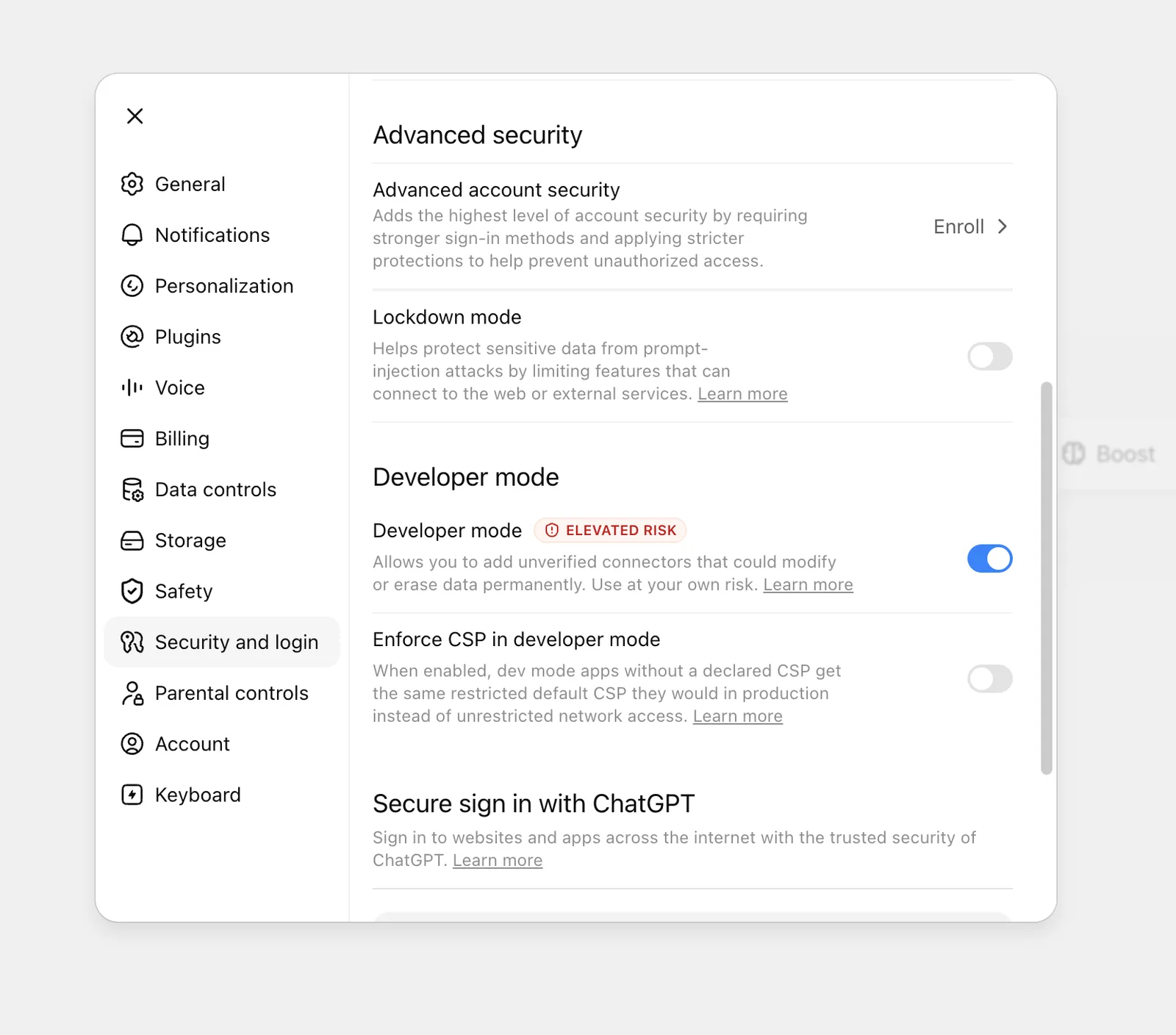 Настройки ChatGPT: включение Developer mode в разделе Security and login
