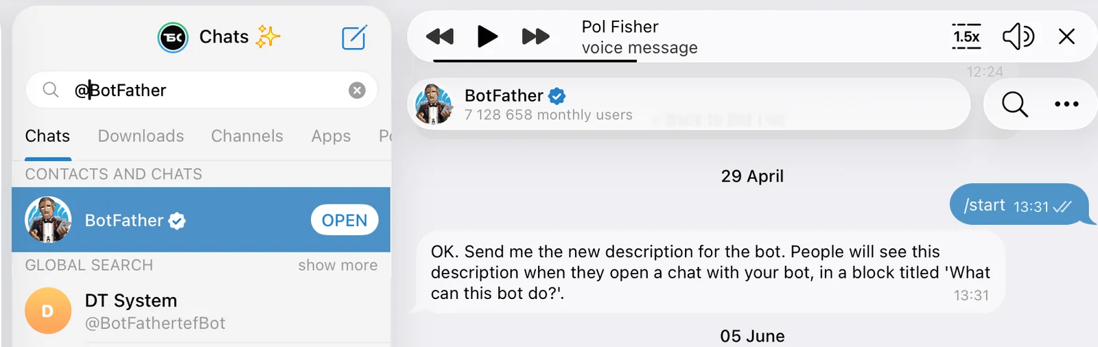 Поиск @BotFather в Telegram — официальный бот с галочкой верификации