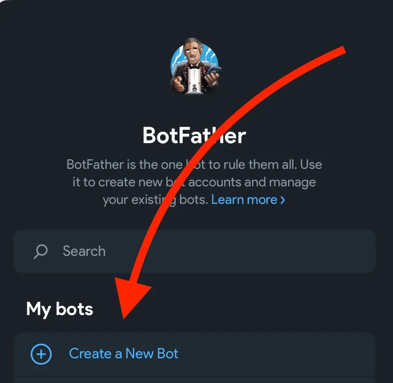 Кнопка Create a New Bot в приложении BotFather