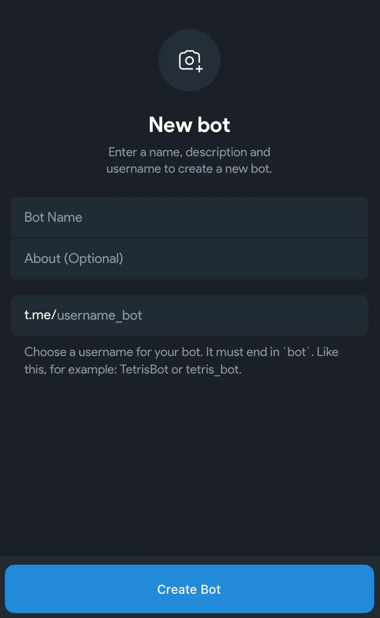 Форма создания нового бота: имя, описание и username, оканчивающийся на bot