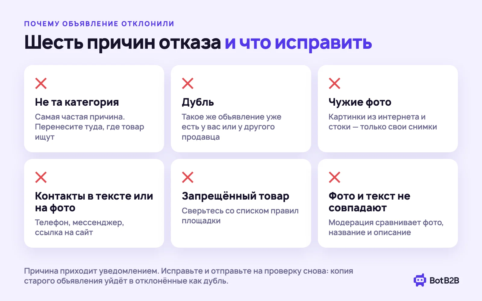 Шесть причин, почему Авито отклонил объявление: не та категория, дубль, чужие фото, контакты в тексте, запрещённый товар, фото и текст не совпадают