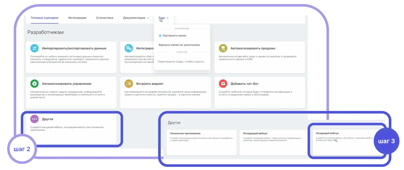 Создание входящего вебхука в разделе REST API Битрикс24