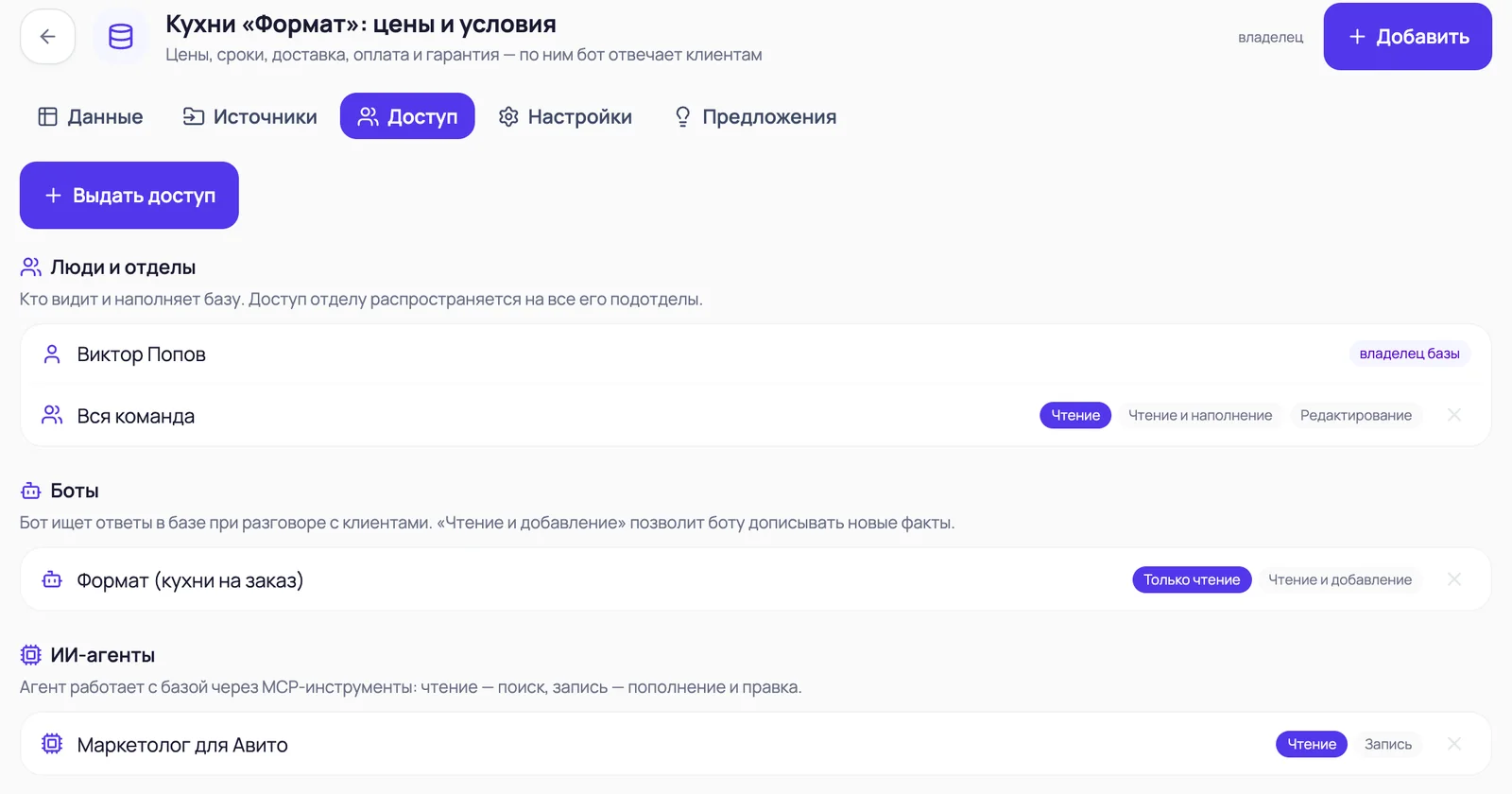 Вкладка «Доступ»: вся команда на чтении, бот «Формат» и ИИ-агент «Маркетолог для Авито»