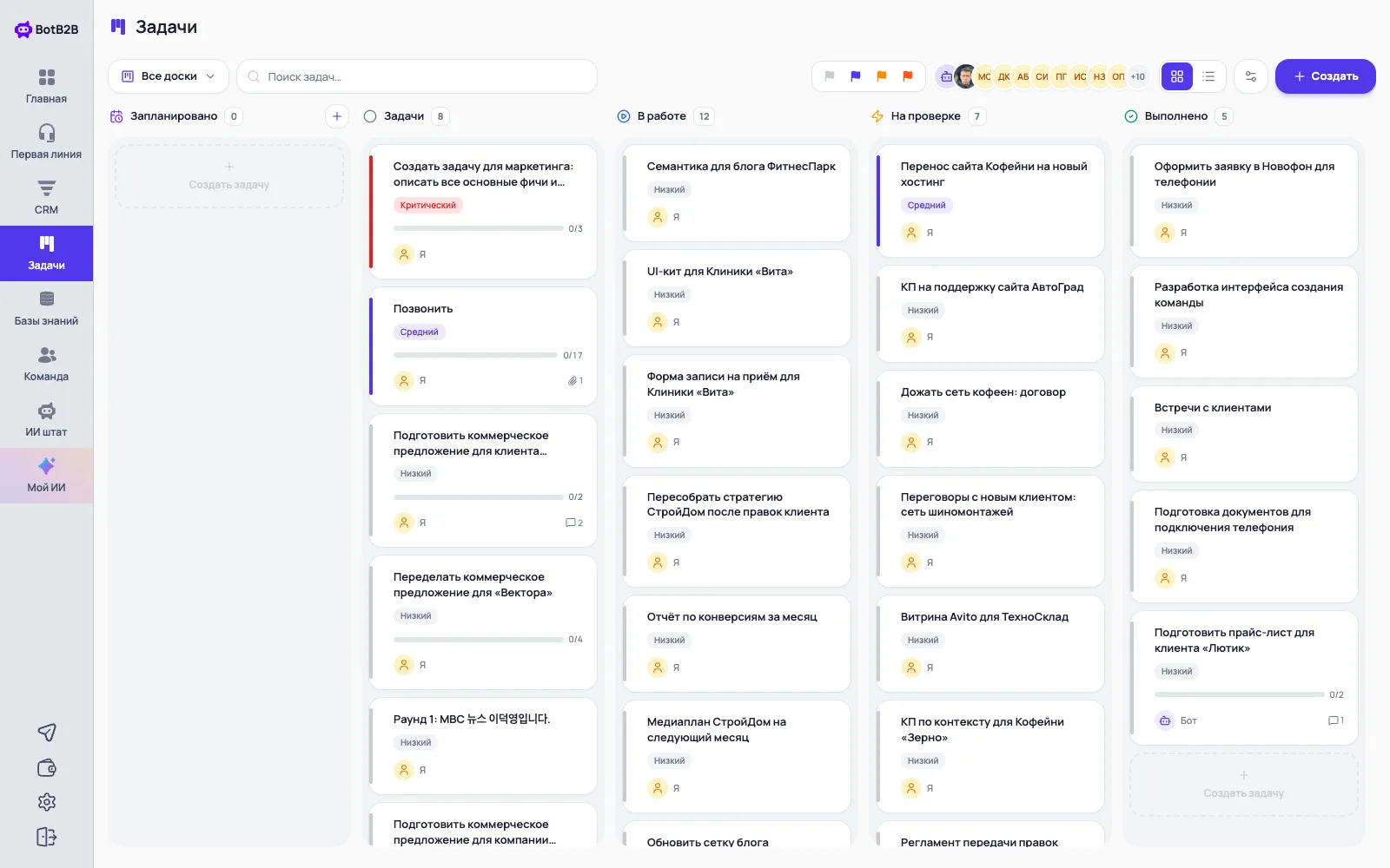 Канбан-доска задач BotB2B: колонки, карточки и исполнители